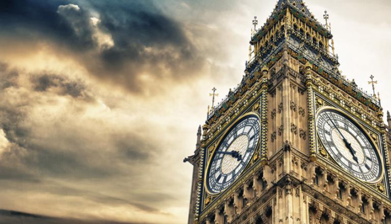 Storm clouds gather above London’s iconic Big Ben clock tower.