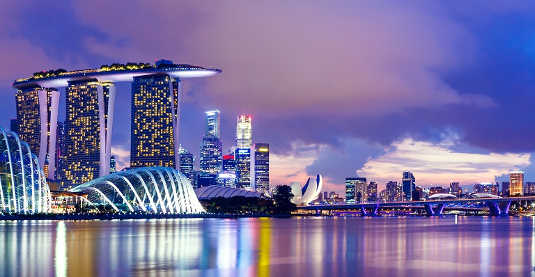 The Singapore skyline at dusk. 