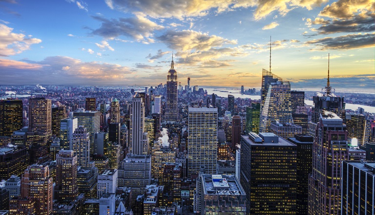 Skyscrapers dot the skyline of Manhattan.