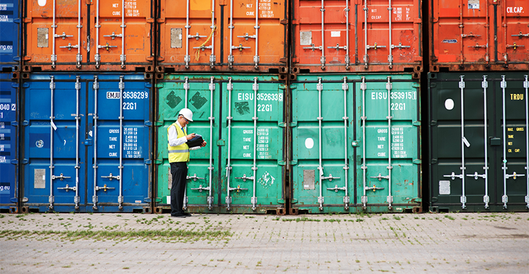 An inspector stands in front of large shipping containers in different colors
