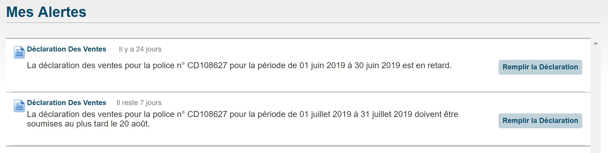 Des tâches sur la page Mes Alertes
